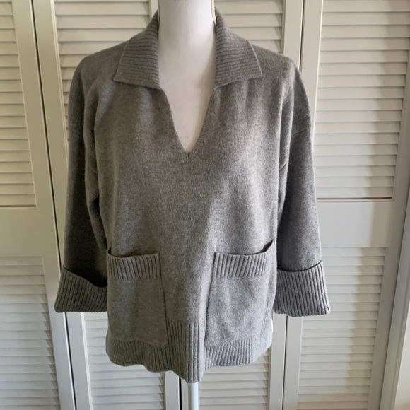 All:Row Heather Gray V-neck Collared Sweater Women’s Boxy Cuffed Sleeves Size M - Picture 1 of 11